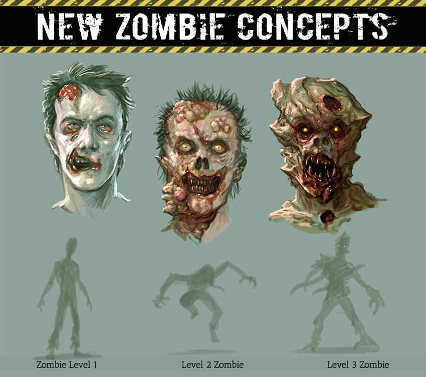 Concept art for the revised three mutated levels of zombie figures.
