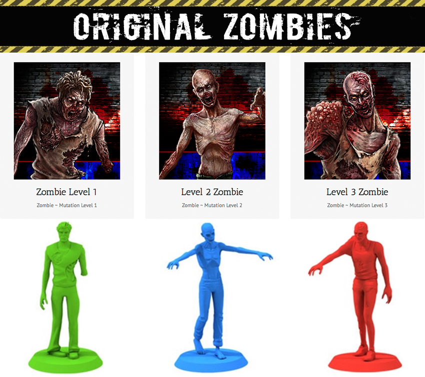 The three mutated levels of zombie figures from the original Kickstarter campaign